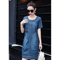 Women\'s Casual/Daily Denim Dress, Solid Round Neck Above Knee Short Sleeve Others Summer Mid Rise Micro-elastic Medium