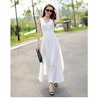 Women\'s Going out Simple A Line Dress, Solid V Neck Maxi Sleeveless Polyester Summer Mid Rise Micro-elastic Medium
