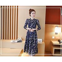 Women\'s Going out Casual/Daily Simple Loose Dress, Floral Stand Midi Long Sleeve Polyester Spring Mid Rise Micro-elastic Medium
