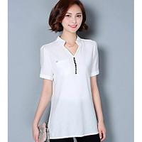 Women\'s Going out Casual/Daily Simple Summer T-shirt, Solid Shirt Collar Short Sleeve Polyester Opaque Medium