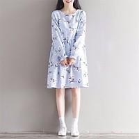 Women\'s Casual/Daily Loose Dress, Floral Round Neck Midi Long Sleeve Linen Summer Mid Rise Micro-elastic Thin