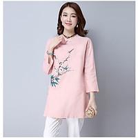 Women\'s Casual/Daily Vintage Chinoiserie T-shirt, Embroidered Round Neck Long Sleeve Linen Medium