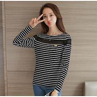 womens casualdaily simple t shirt solid striped round neck long sleeve ...