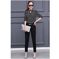 womens work simple spring shirt striped round neck long sleeve others  ...