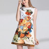Women\'s Going out Cute A Line Dress, Jacquard Round Neck Above Knee Sleeveless Polyester Summer Mid Rise Inelastic Medium