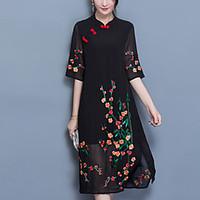 Women\'s Plus Size Casual/Daily Simple Loose Dress, Embroidered Stand Midi ½ Length Sleeve Polyester Summer Mid Rise Micro-elastic Medium