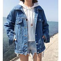 Women\'s Casual/Daily Simple Fall Winter Denim Jacket, Solid Shirt Collar Long Sleeve Regular Cotton