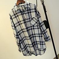 Women\'s Casual/Daily Street chic Spring Shirt, Check Shirt Collar Long Sleeve Cotton Opaque
