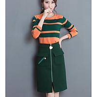 Women\'s Daily Simple Spring Summer T-shirt Skirt Suits, Striped Round Neck Long Sleeve Micro-elastic