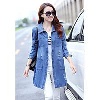 Women\'s Daily Simple Spring Fall Denim Jacket, Solid Shirt Collar Long Sleeve Long Polyester