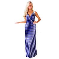 Women\'s Going out Beach Holiday Sexy Loose Dress, Striped V Neck Maxi Sleeveless Polyester Spandex Summer High Rise Stretchy Medium