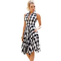 womens beach holiday loose dress check round neck knee length sleevele ...