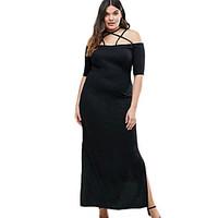 Women\'s Going out Party Loose Dress, Solid Halter Maxi ½ Length Sleeve Polyester Spandex Summer High Rise Stretchy Medium