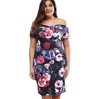 Women\'s Plus Size Going out Party Sexy Bodycon Dress, Floral Boat Neck Knee-length Short Sleeve Polyester Spandex Summer High Rise Stretchy