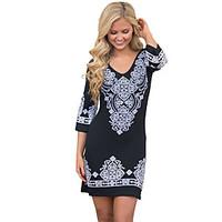 Women\'s Going out Beach Holiday Simple Bodycon Dress, Floral V Neck Knee-length ¾ Sleeve Polyester Spandex Summer High Rise Stretchy Medium