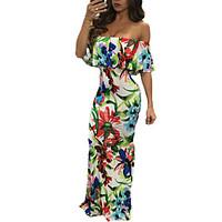 Women\'s Party Sexy Swing Dress, Print Boat Neck Maxi Short Sleeve Polyester Spandex Summer High Rise Stretchy Medium