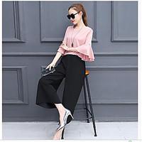 Women\'s Casual/Daily Simple Summer T-shirt Pant Suits, Solid Round Neck Half Sleeve Micro-elastic
