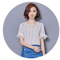 Women\'s Going out Beach Holiday Vintage Cute Street chic Blouse, Striped V Neck Short Sleeve Cotton