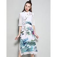 Women\'s Party Holiday Vintage Cute A Line Dress, Floral Stand Midi ½ Length Sleeve Silk Polyester Spring Summer Mid Rise Inelastic Medium