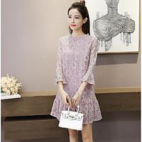 Women\'s Going out Lace Dress, Solid Round Neck Above Knee ¾ Sleeve Cotton Summer Mid Rise Micro-elastic Medium
