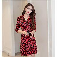 Women\'s Going out A Line Dress, Polka Dot V Neck Above Knee Long Sleeve Cotton Spring Mid Rise Micro-elastic Medium