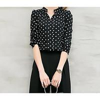 Women\'s Daily Patterned Spring Shirt Pant Suits, Solid Polka Dot Shirt Collar Long Sleeve Micro-elastic