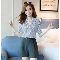Women\'s Casual/Daily Simple Summer Shirt Pant Suits, Striped V Neck Short Sleeve