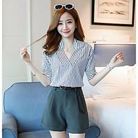 womens casualdaily simple summer shirt pant suits striped v neck short ...