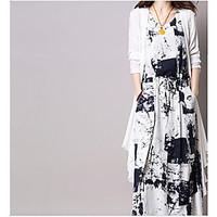 Women\'s Daily Flower Spring Shirt Dress Suits, Floral Round Neck 3/4-Length Sleeve Micro-elastic