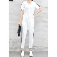 Women\'s Going out Casual/Daily Simple Street chic Summer Shirt Pant Suits, Solid V Neck Short Sleeve Inelastic