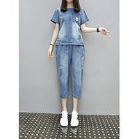 womens daily casual spring summer t shirt pant suits solid round neck  ...