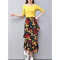 Women\'s Daily Outdoor clothing Date Going out Casual Spring Summer T-shirt Skirt Suits, Solid Print U Neck ½ Length Sleeve Micro-elastic