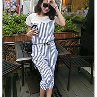 Women\'s Casual/Daily Simple Summer T-shirt Pant Suits, Striped Round Neck Short Sleeve Chiffon Micro-elastic