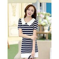 Women\'s Going out Beach Cute Loose Dress, Striped Strapless Mini Short Sleeve Cotton Spring Summer Low Rise Micro-elastic Thin