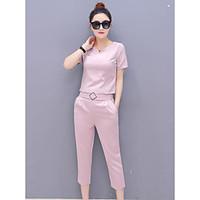 Women\'s Going out Casual/Daily Sophisticated Summer T-shirt Pant Suits, Solid V Neck Short Sleeve