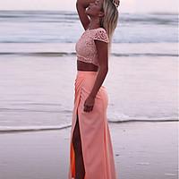 Women\'s Beach Cute Swing Dress, Solid Boat Neck Midi Short Sleeve Nylon All Seasons High Rise Micro-elastic Thin