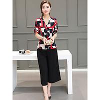 womens officecareer daily simple summer shirt pant suits print v neck  ...