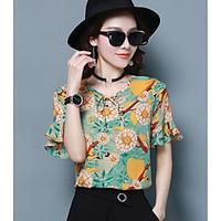 womens daily simple blouse floral round neck short sleeve polyester