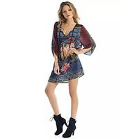 Women\'s Going out Casual/Daily Simple Street chic Sheath Dress, Print Deep V Knee-length ½ Length Sleeve PU Spring Mid Rise Inelastic