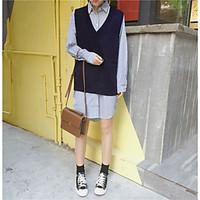 Women\'s Daily Casual Spring Fall Shirt Dress Suits, Solid Striped V Neck Long Sleeve