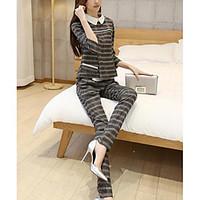 womens work simple winter t shirt pant suits striped stand short sleev ...