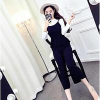 Women\'s Casual/Daily Simple Summer Shirt Pant Suits, Solid Round Neck Short Sleeve Micro-elastic