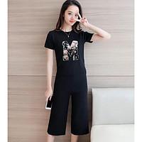 womens work simple summer t shirt pant suits solid letter round neck s ...