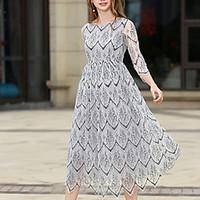 Women\'s Going out Casual/Daily Simple Cute Lace Dress, Jacquard Round Neck Midi ¾ Sleeve Others Spring Mid Rise Inelastic Thin