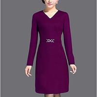 Women\'s Work Party Vintage Sophisticated A Line Dress, Solid V Neck Knee-length Long Sleeve Cotton Nylon Spring Fall Mid Rise Micro-elastic