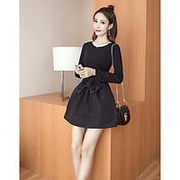 womens casualdaily a line dress solid round neck mini long sleeve silk ...