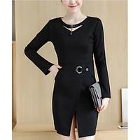 Women\'s Party Other Sheath Dress, Solid Round Neck Above Knee Long Sleeve Other Spring High Rise Micro-elastic Medium