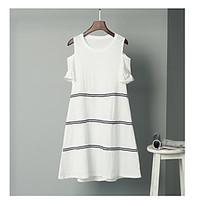 Women\'s Casual/Daily Simple A Line Dress, Striped Round Neck Above Knee Short Sleeve Cotton Summer Mid Rise Micro-elastic Medium