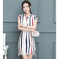 Women\'s Daily Casual A Line Dress, Striped V Neck Above Knee Short Sleeve Chiffon Summer Mid Rise Micro-elastic Thin