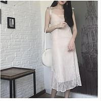 womens birthday lace dress solid embroidery round neck midi sleeveless ...